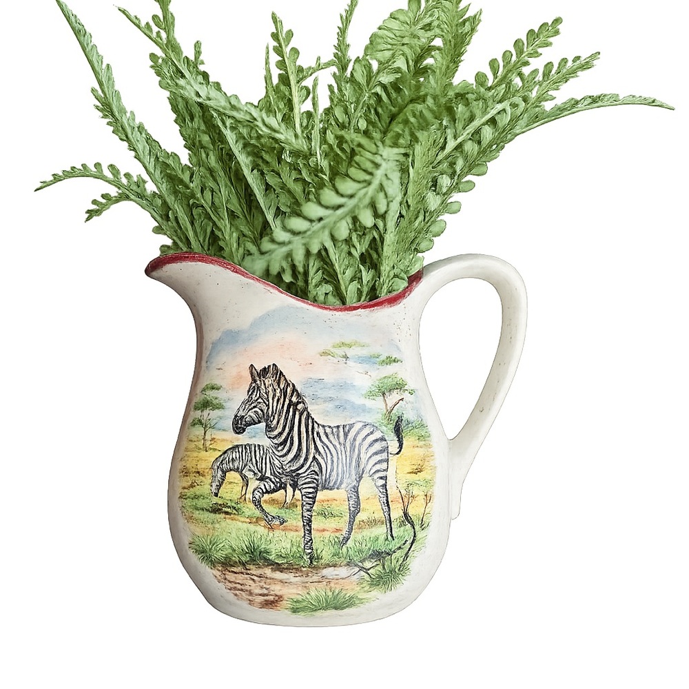 Zebra 🦓 Elephant 🐘 Safari Art Ceramic Pitcher with Greenery 6”